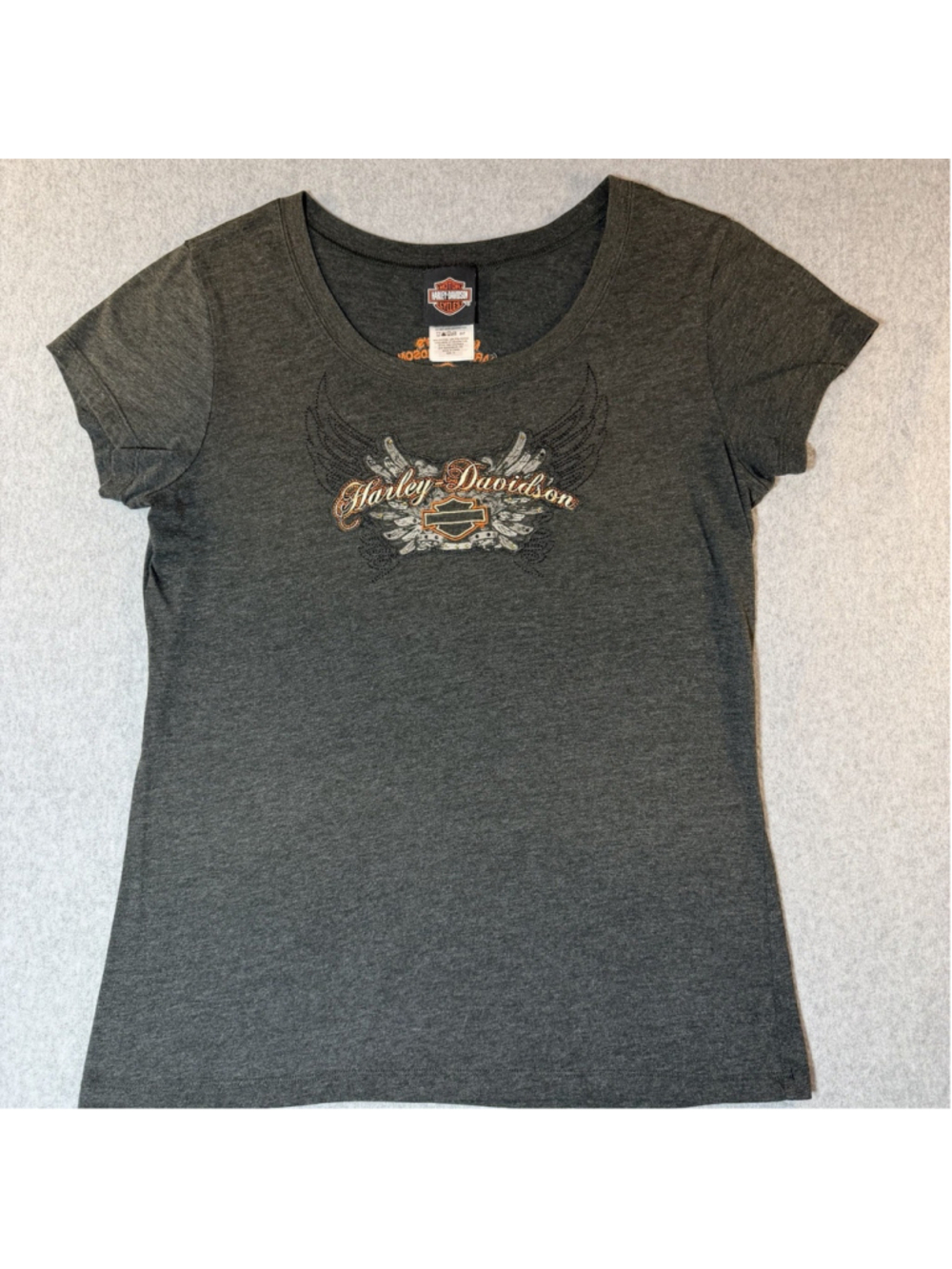 Harley Davidson Womens Shirt Embroidered Wings V Neck Short Sleeve Size XL Biker